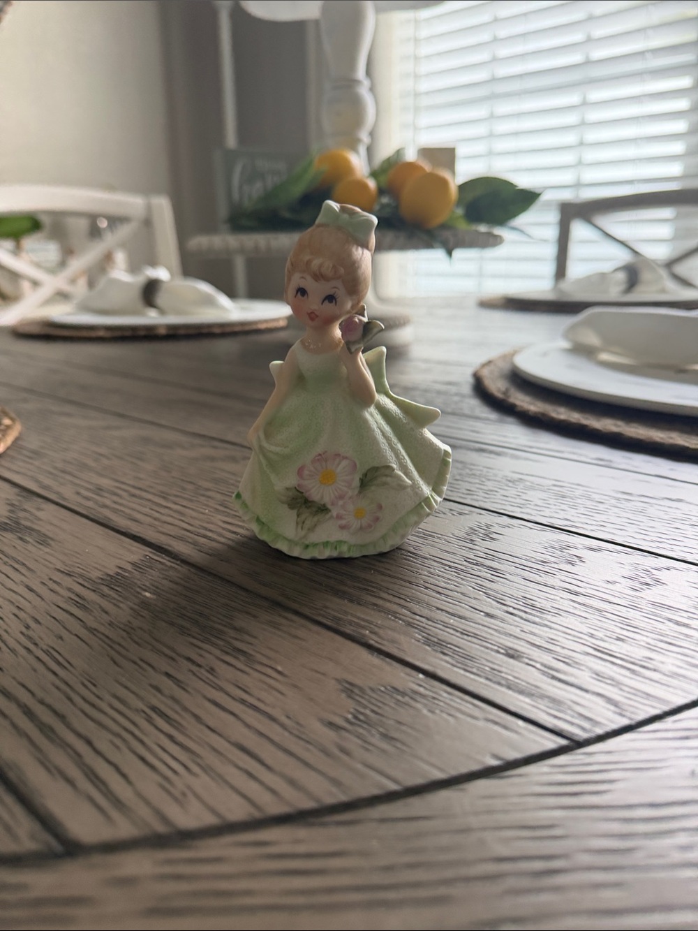 Vintage Ceramic Figurine in Pale Green with Floral Detail